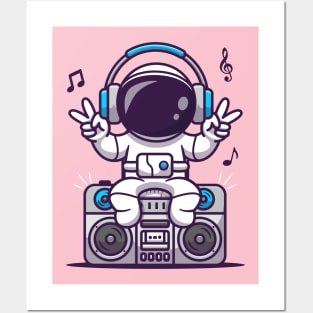 Cute Astronaut Listening With BoomBox Cartoon Posters and Art